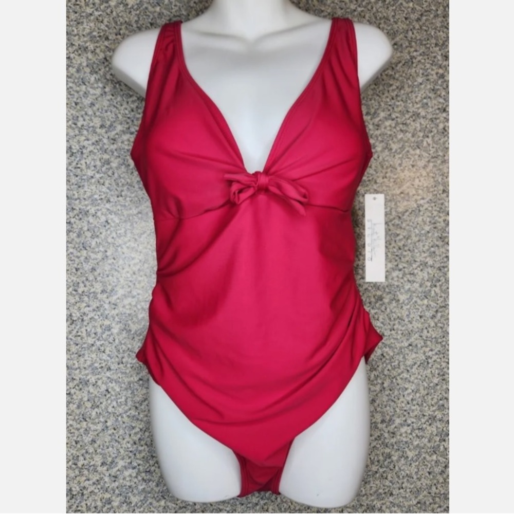 Nicole Miller Studio 1 Piece Swimsuit Sweetheart Center Tie Raspberry Wine Large
